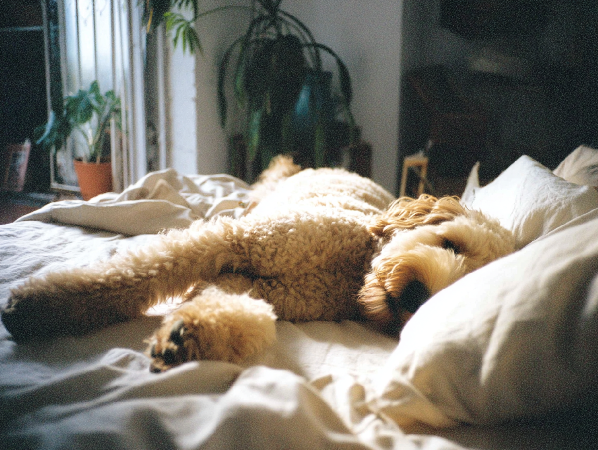 Dog lying on a bed with pillows and plants in the background