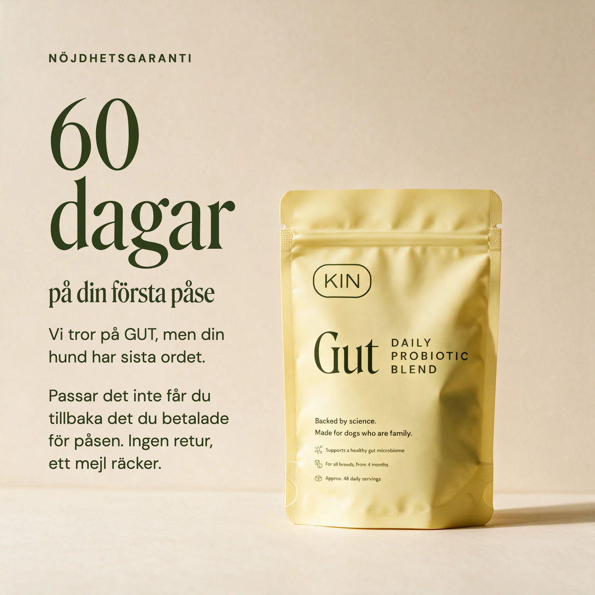 60 dagars nöjdhetsgaranti på din första påse GUT.