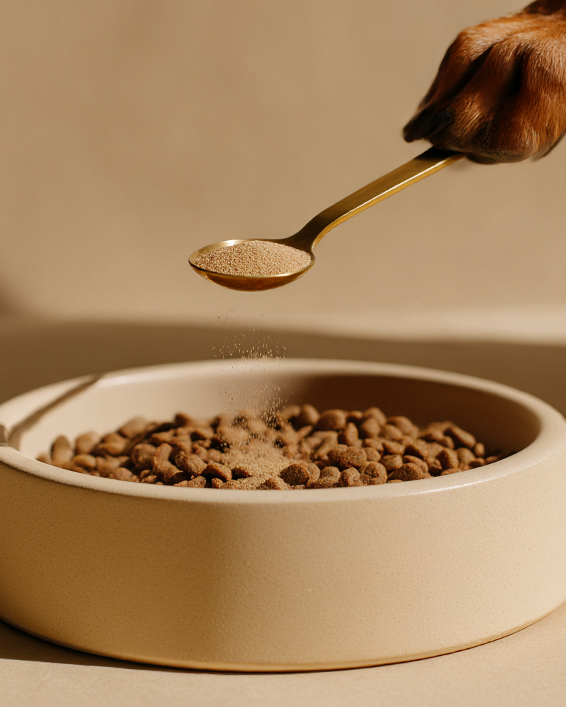 Hand pouring pet food from a spoon into a bowl on a beige background