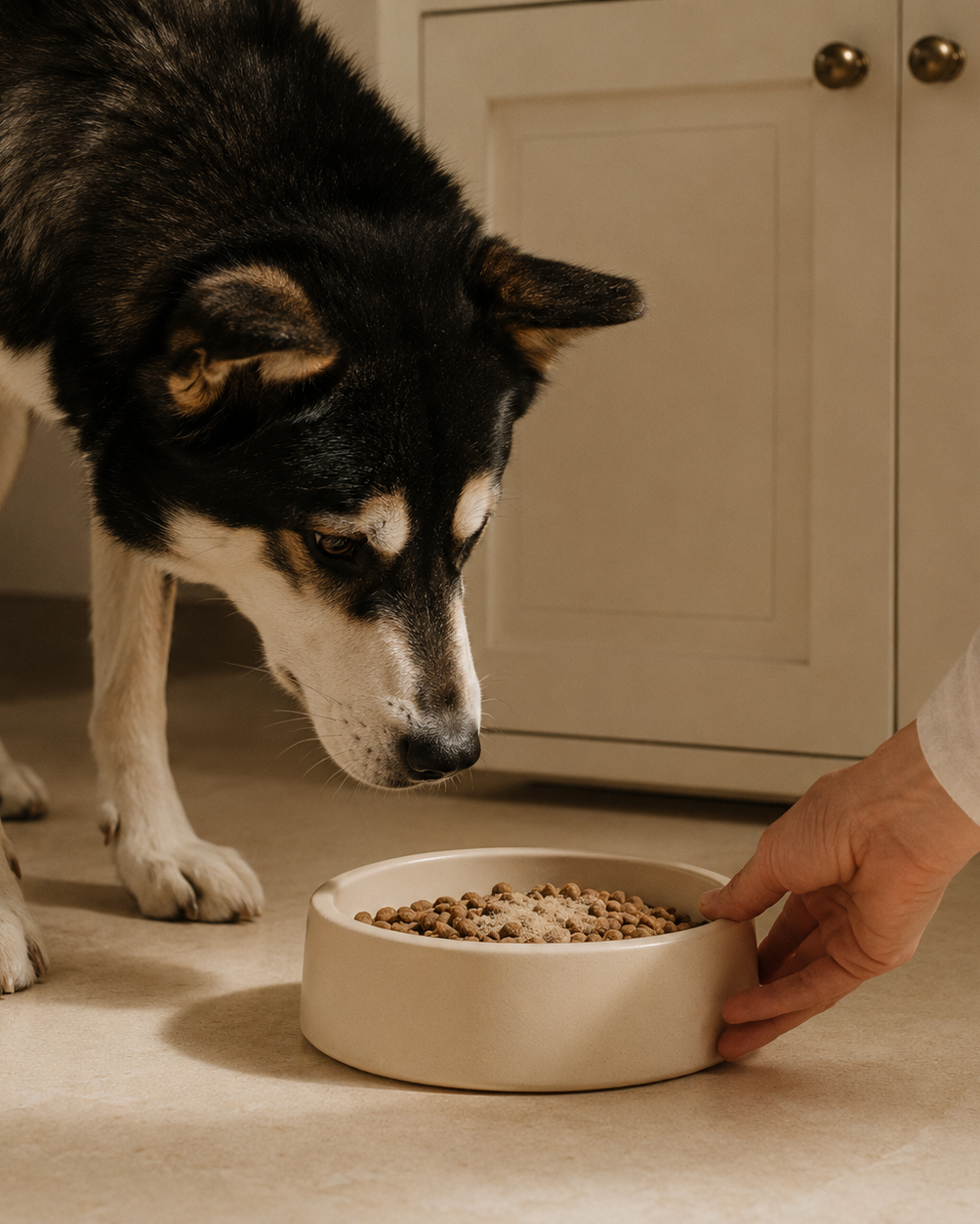 Dog eating from a bowl with a person's hand in a kitchen setting