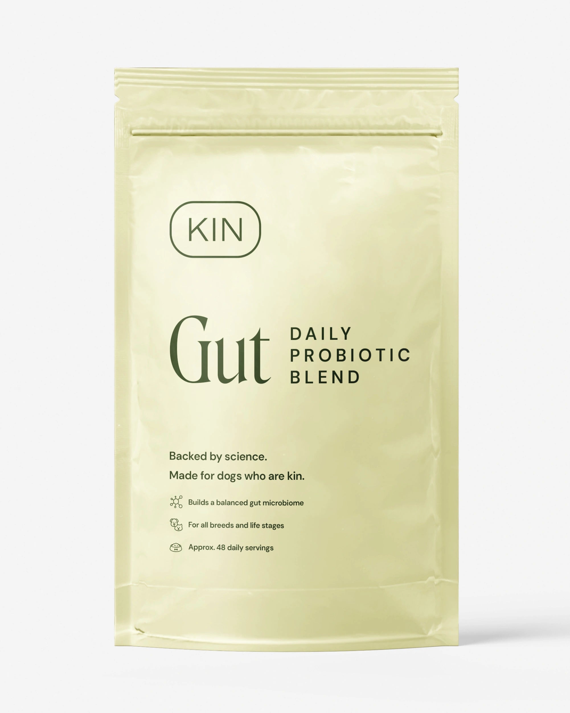 Package of KIN Gut Daily Probiotic Blend on a white background
